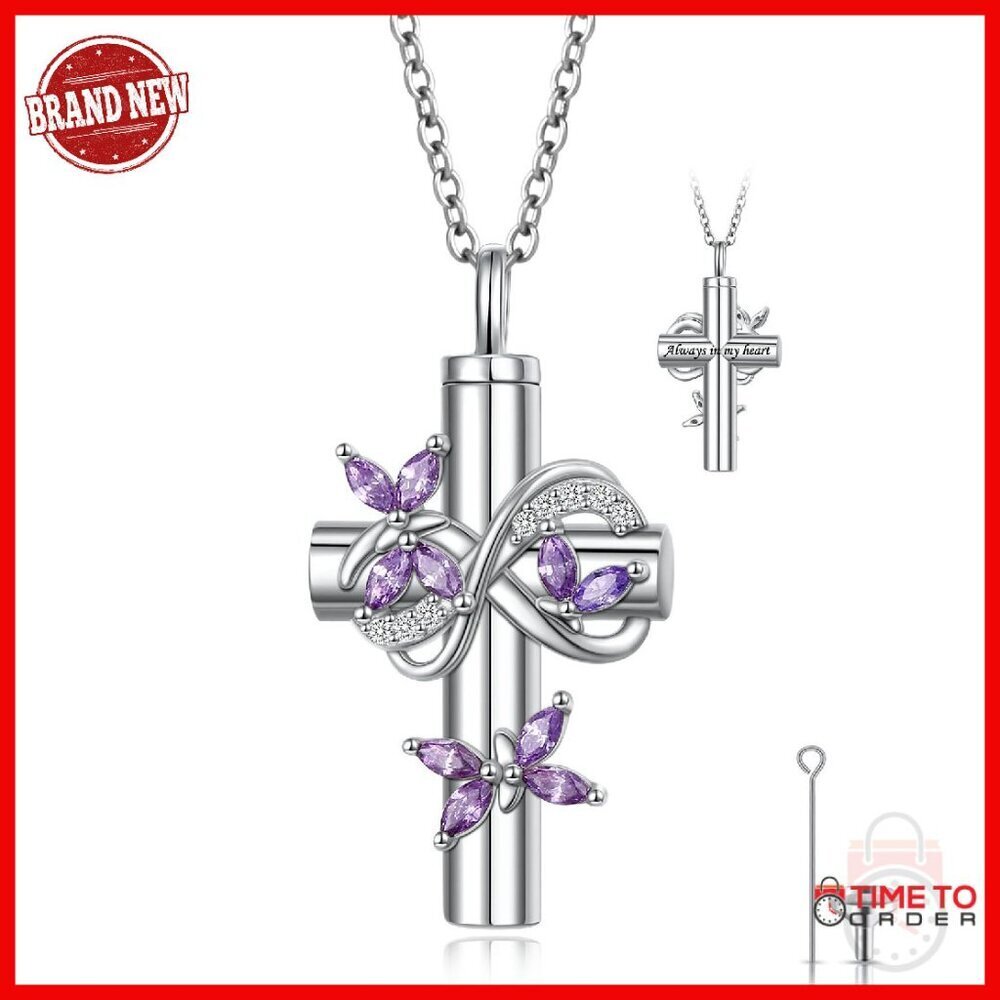 Sterling Silver Butterfly Cross Urn Necklace for Ashes Memorial Jewelry